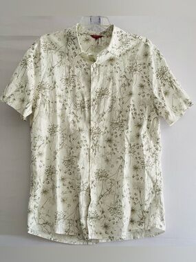 GUESS Sage Green Floral Linen Blend Short Sleeve Button Down Shirt